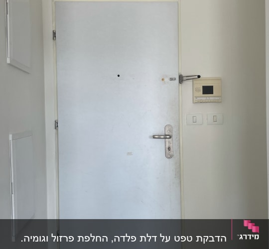דלת לבנה עם ידית מתכת ומנעול